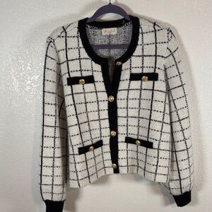 Marled Black & White Window Pane Lady Jacket Cardigan Gold Crest Buttons Size XL